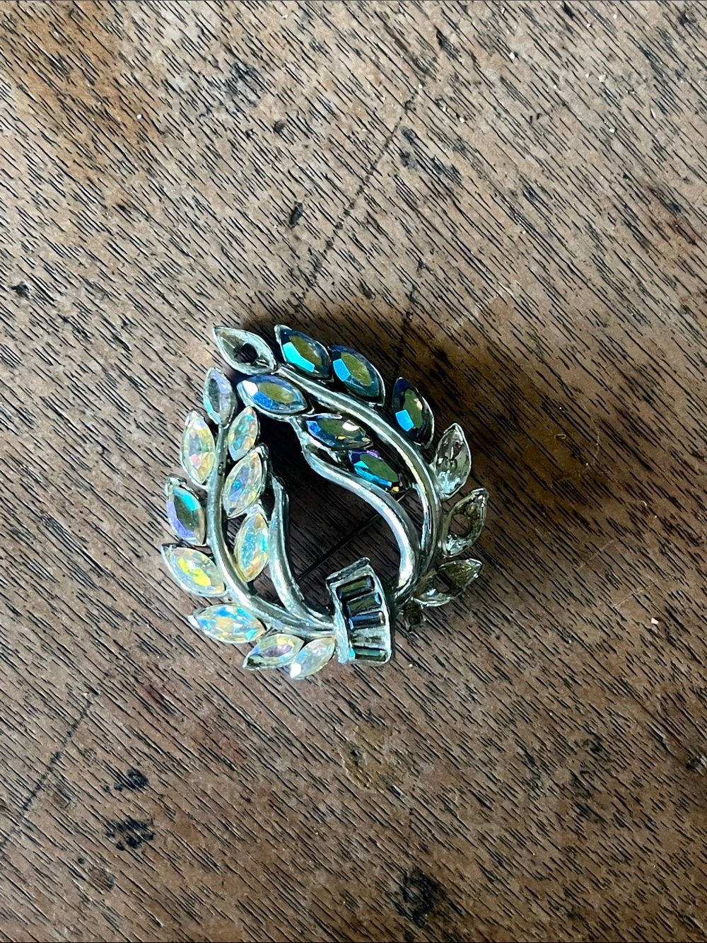 Aurora Borealis Crystal Leaf Brooch - Iridescent Silver Tone